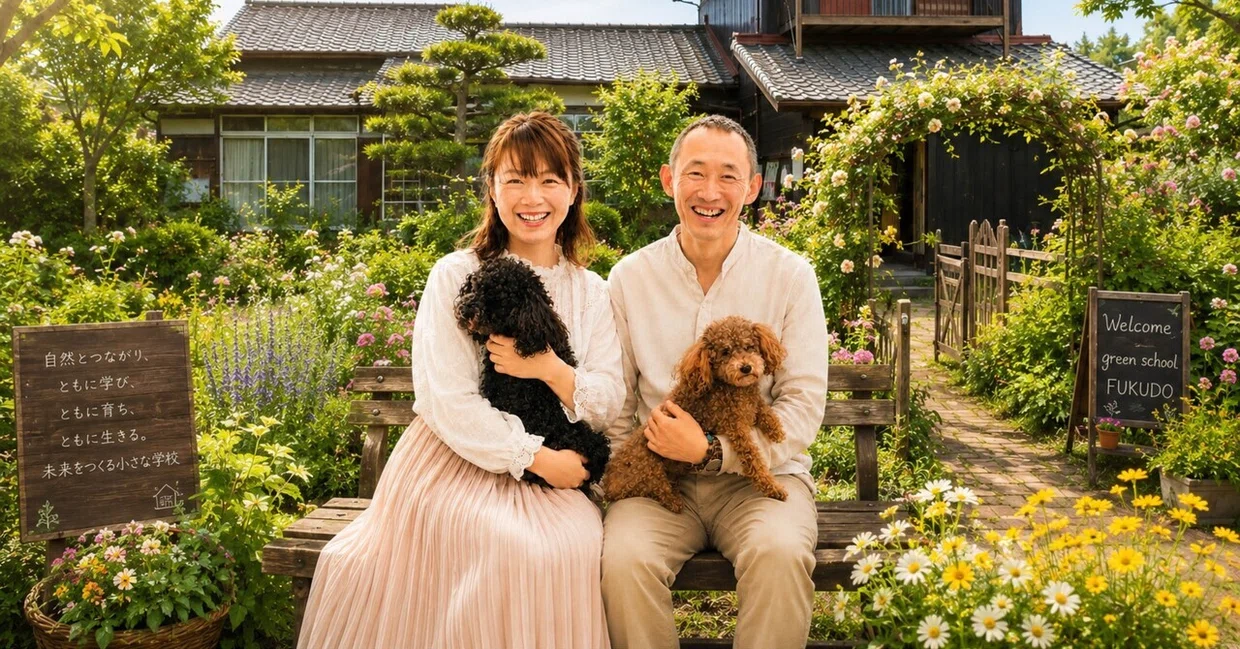 福土みどりの学校の庭で笑顔の主宰者と犬たち